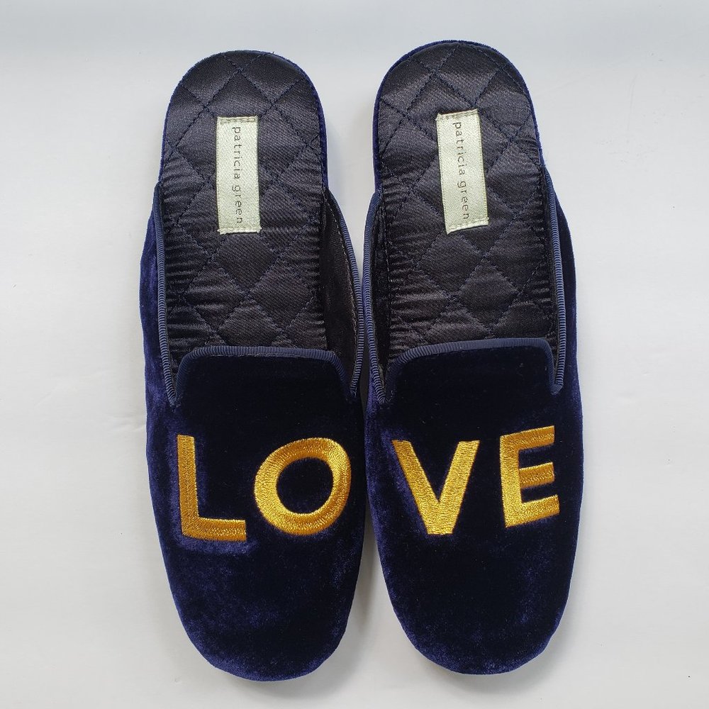 Navy Blue Velvet Slippers with Gold Lettering NWT - Picture 9 of 10